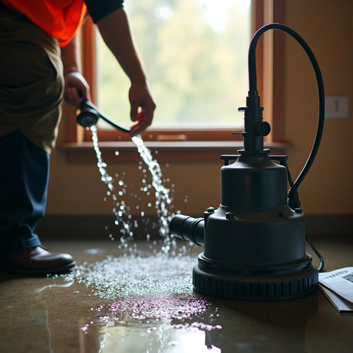 Submersible pump extracting standing rainwater from Portland basement