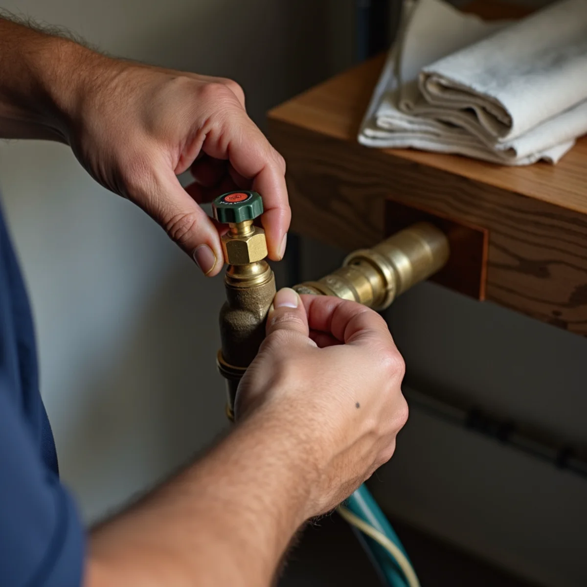 Homeowner shutting off main water shutoff valve in Portland basement