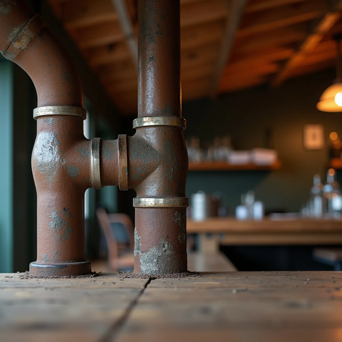 Corroded vintage galvanized iron water pipes beneath floor joists