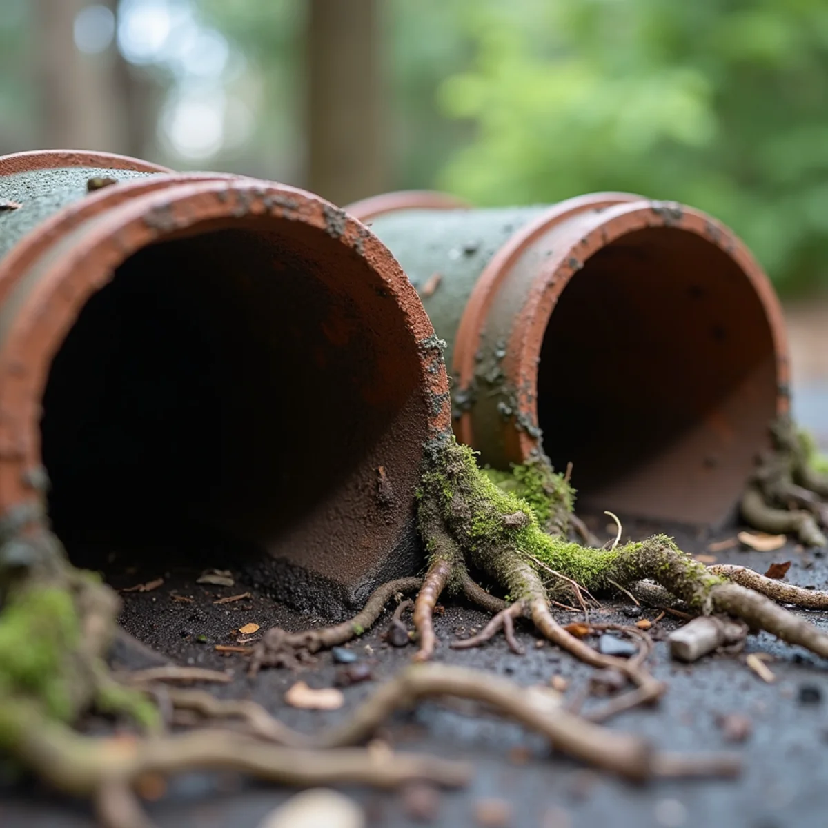 Invasive tree roots infiltrating underground clay sewer pipe
