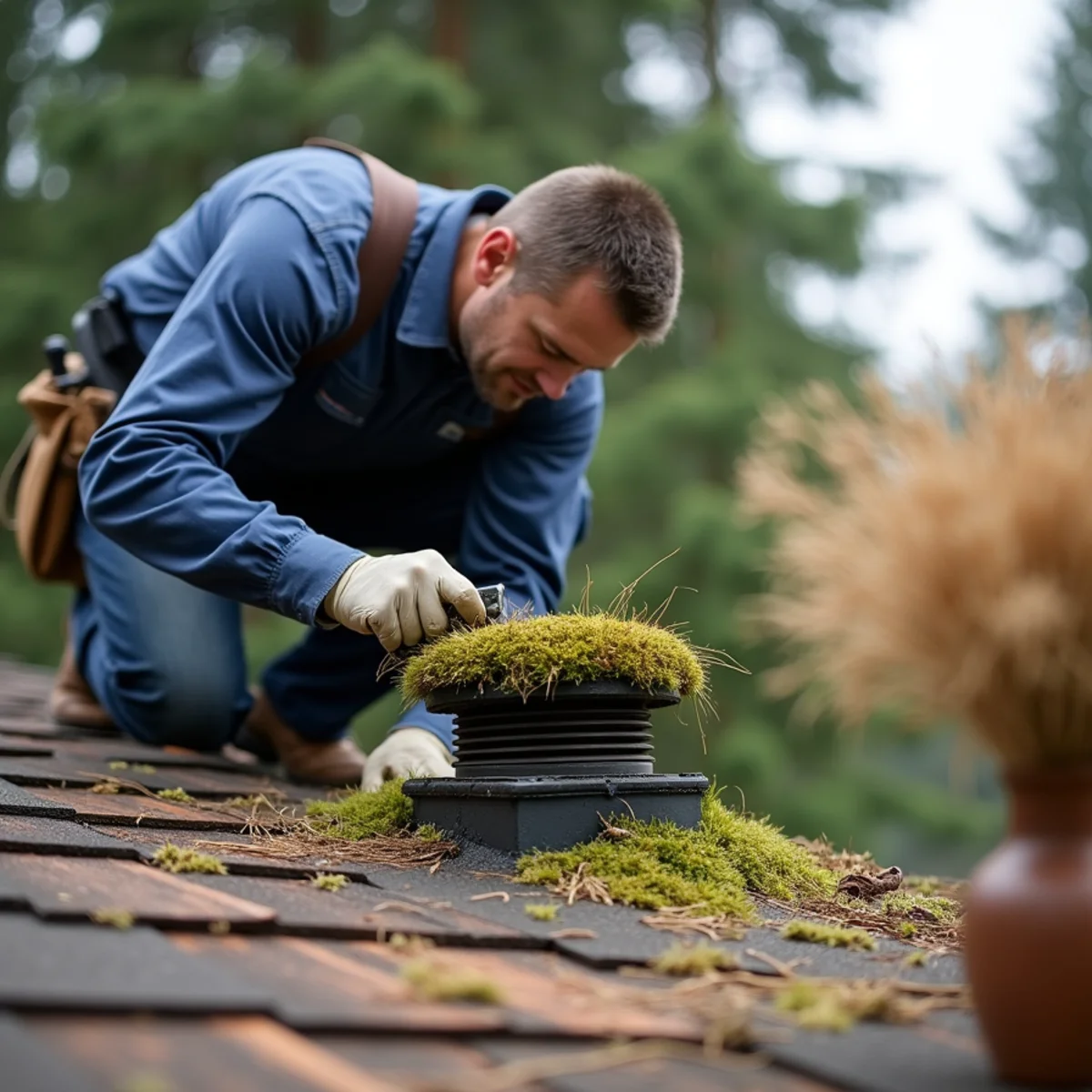Clearing pine needles from plumbing vent pipe on Portland roof