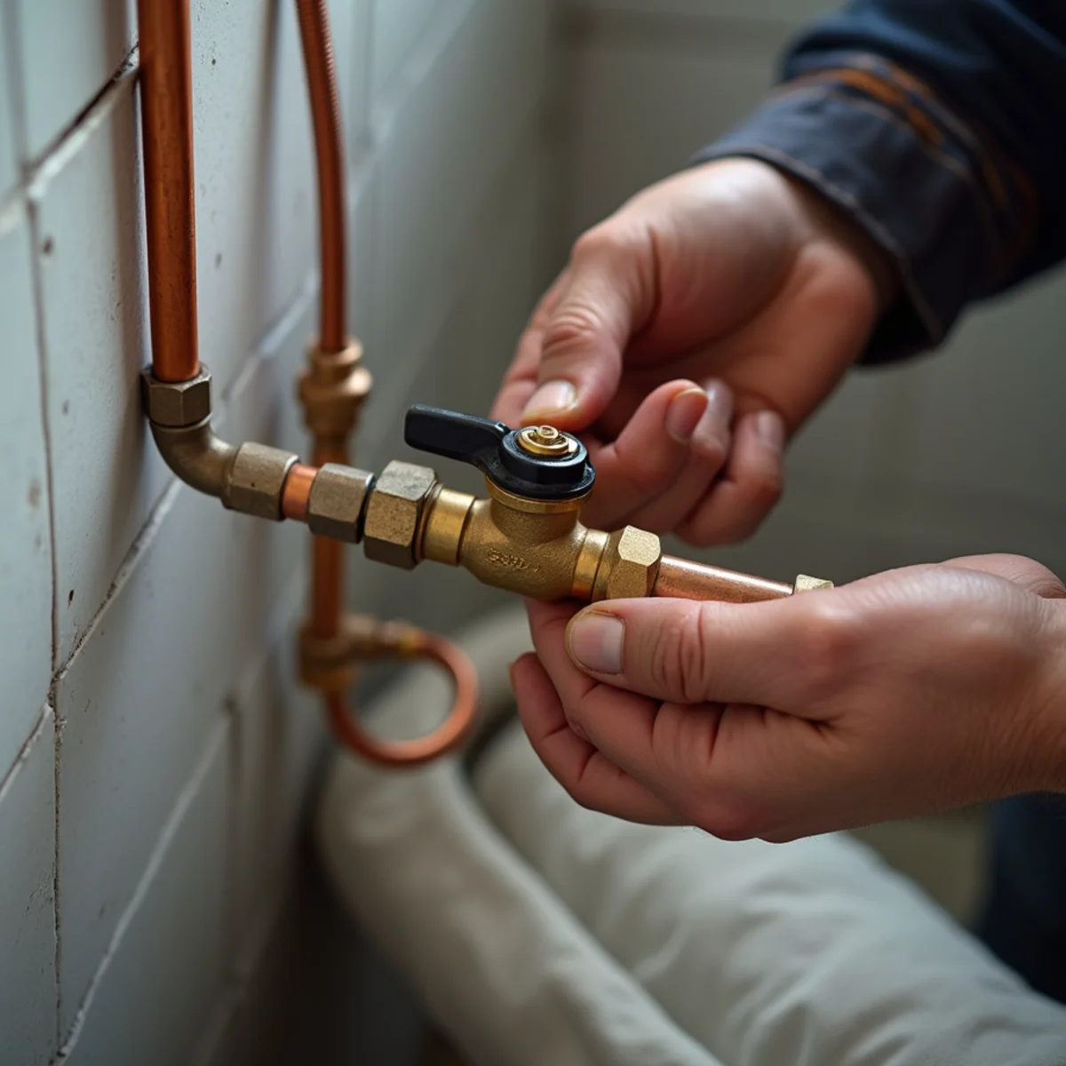Licensed master plumber performing rapid emergency main water valve shutoff in Portland basement