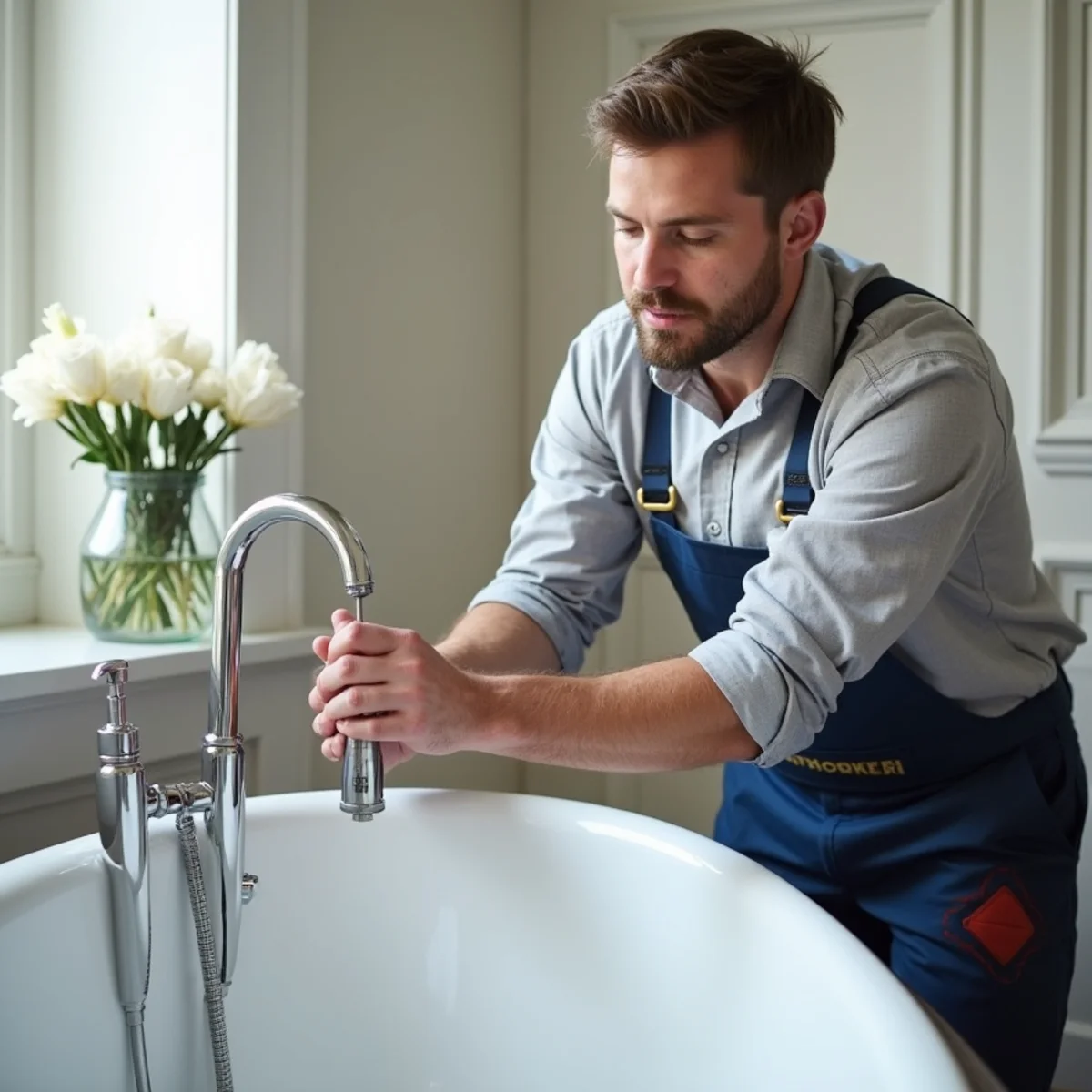 Master plumber installing high-end brushed nickel architectural kitchen faucet and copper supplies