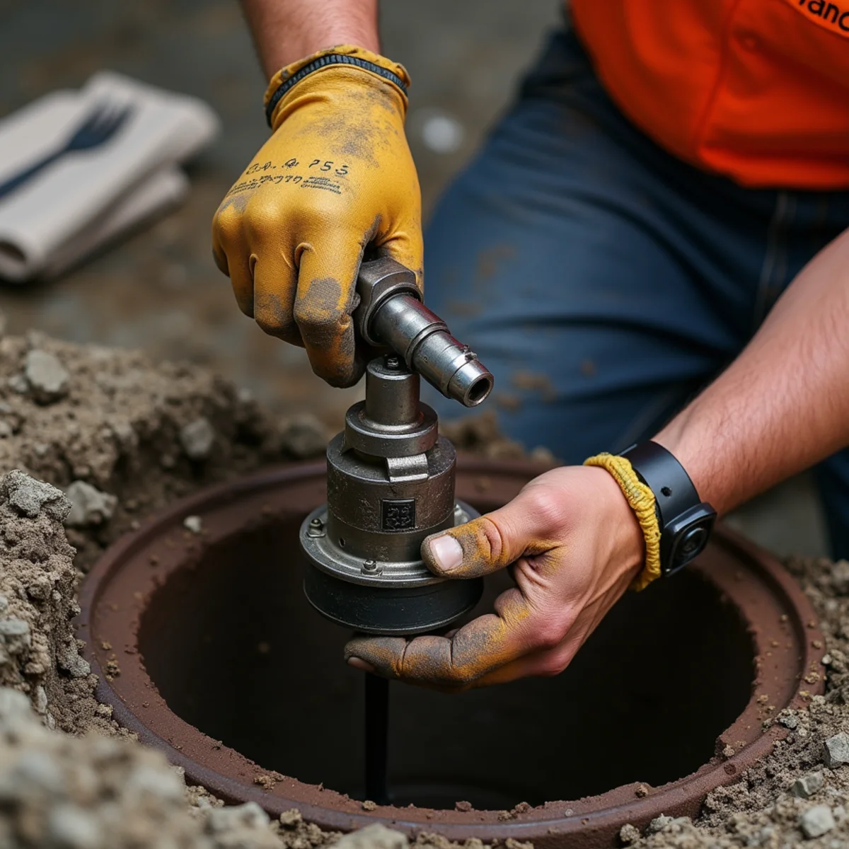 Trenchless pipe-bursting hydraulic equipment replacing fractured clay sewer line in Portland yard