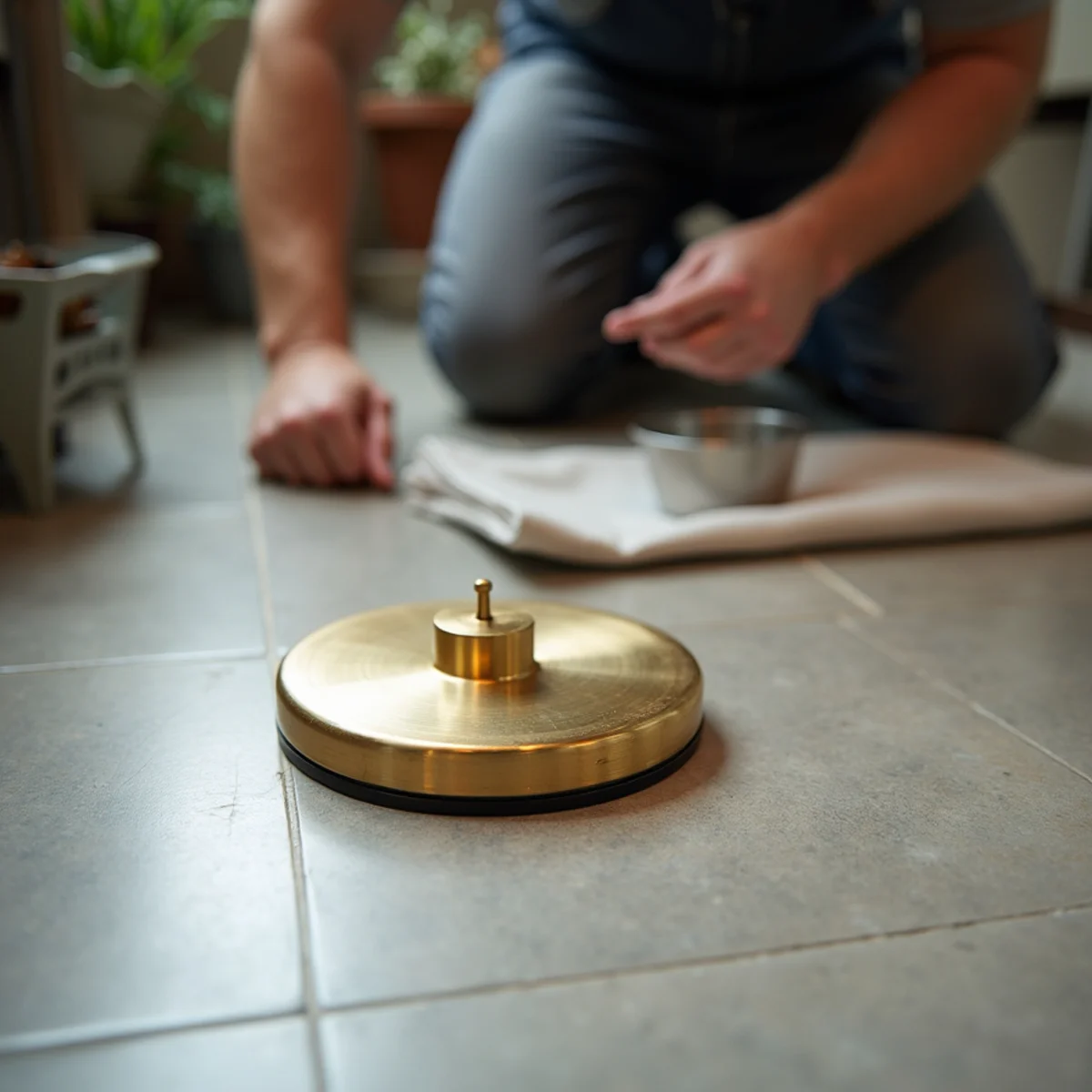 Specialist using ultra-sensitive acoustic ground listening microphone on concrete foundation slab