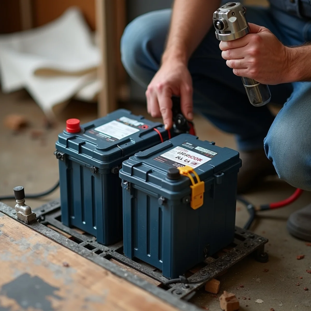 Cast-iron primary sump pump with dual AGM backup batteries installed in sealed basement pit