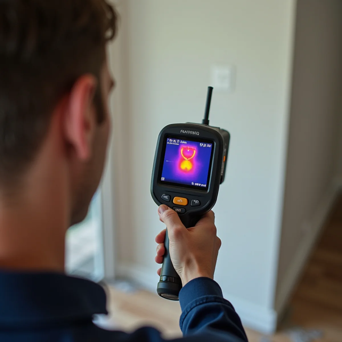 High-resolution FLIR thermal camera scan pinpointing hidden hot water leak behind drywall